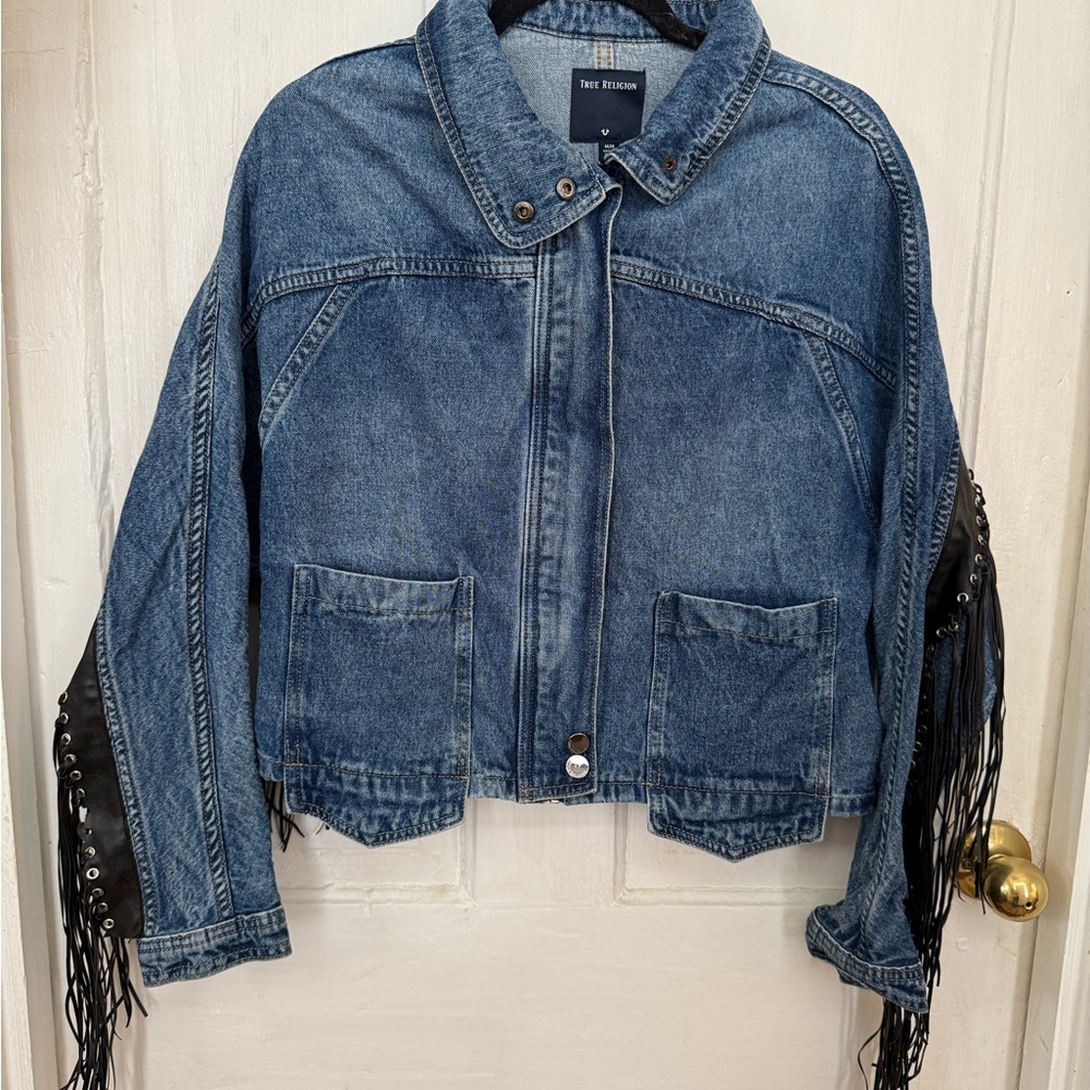 Reformation Blue Denim Jacket with Fringe